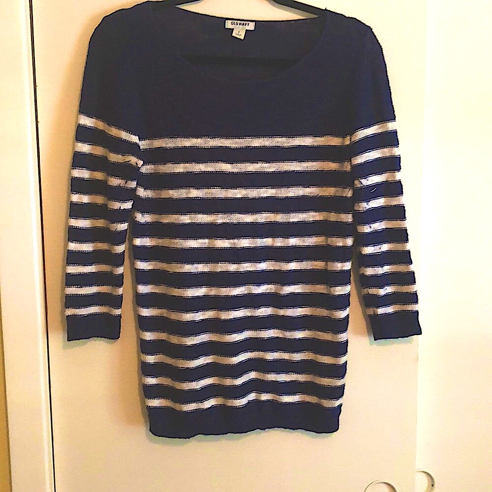 Navy & White Striped Off the Shoulder Sweater